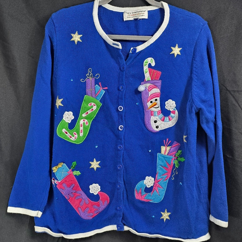 Tiara International‎ Blue Christmas Sweater Ugly Holiday Snowman Cardigan L